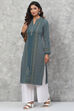 Teal Straight Poly Metallic Kurta