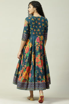 Teal Cotton Flared Fusion Printed Dress image number 4