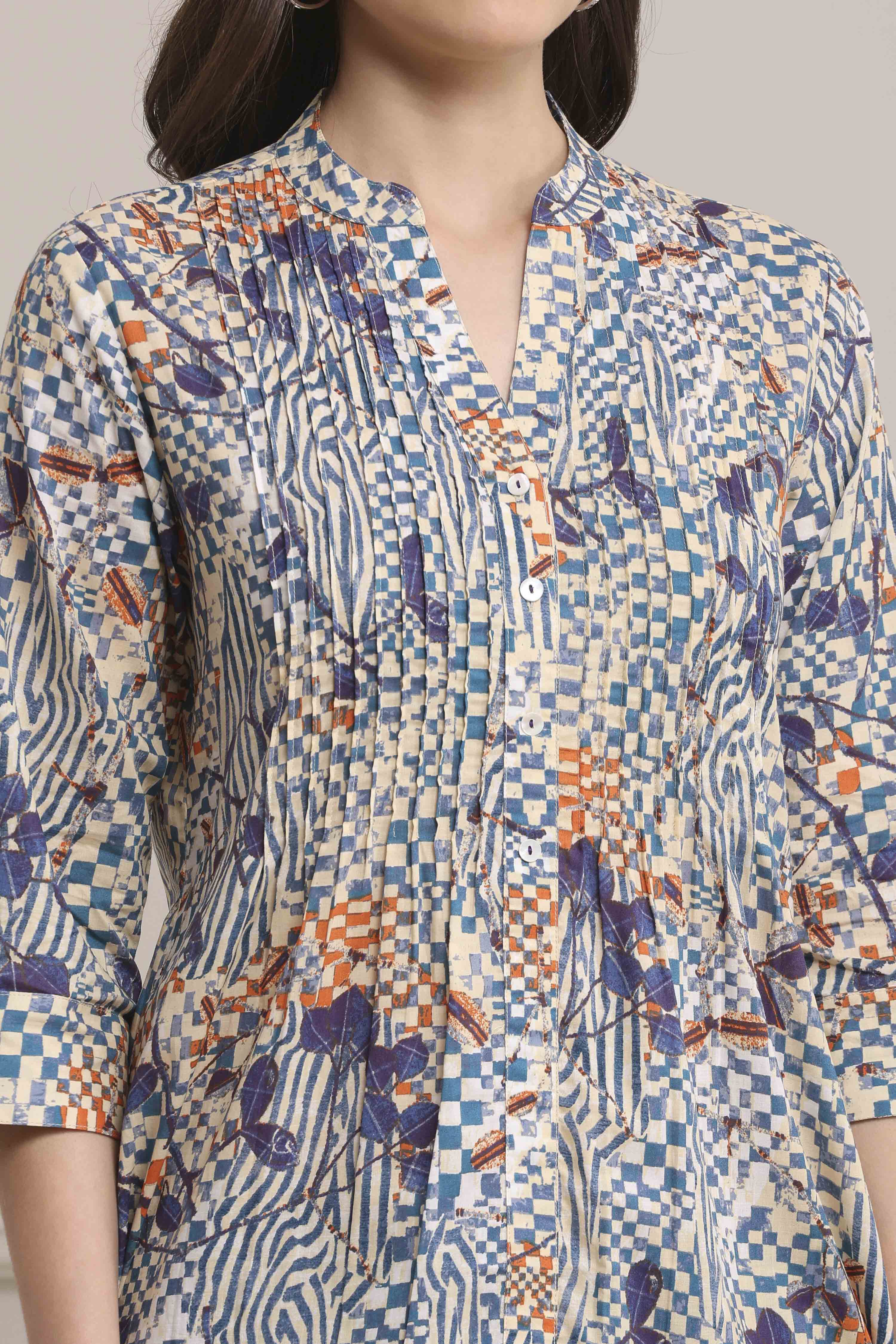 Blue Cotton Printed Straight Short Kurta image number 1