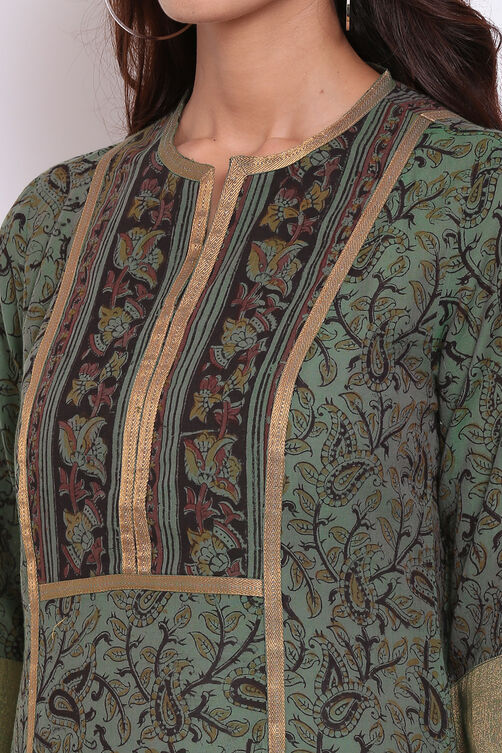 Teal Green A-Line Kalamkari Printed Kurta image number 1