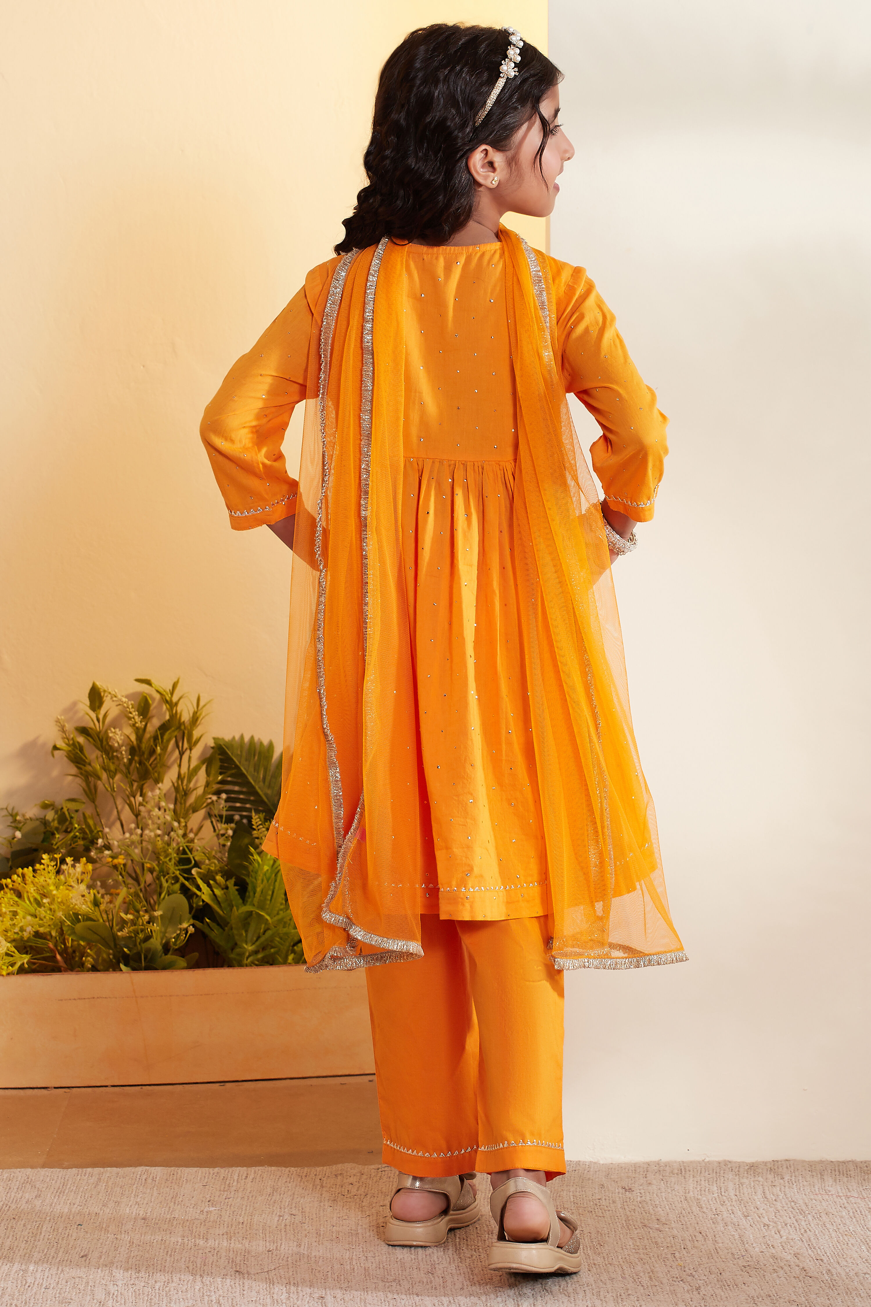 Yellow Cotton Embellished Anarkali Kurta Set image number 5