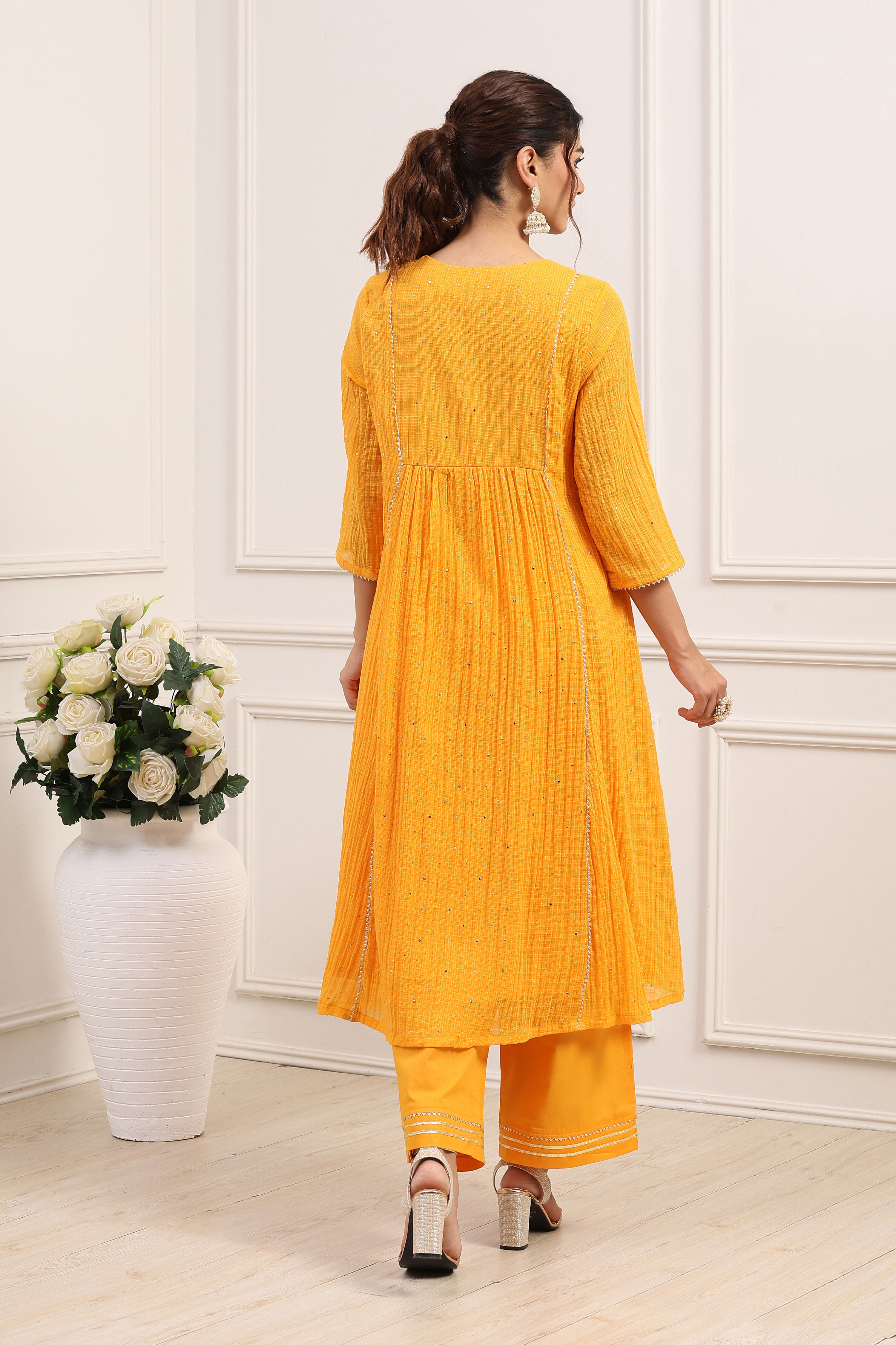 Yellow Cotton Anarkali Suit Set image number 4