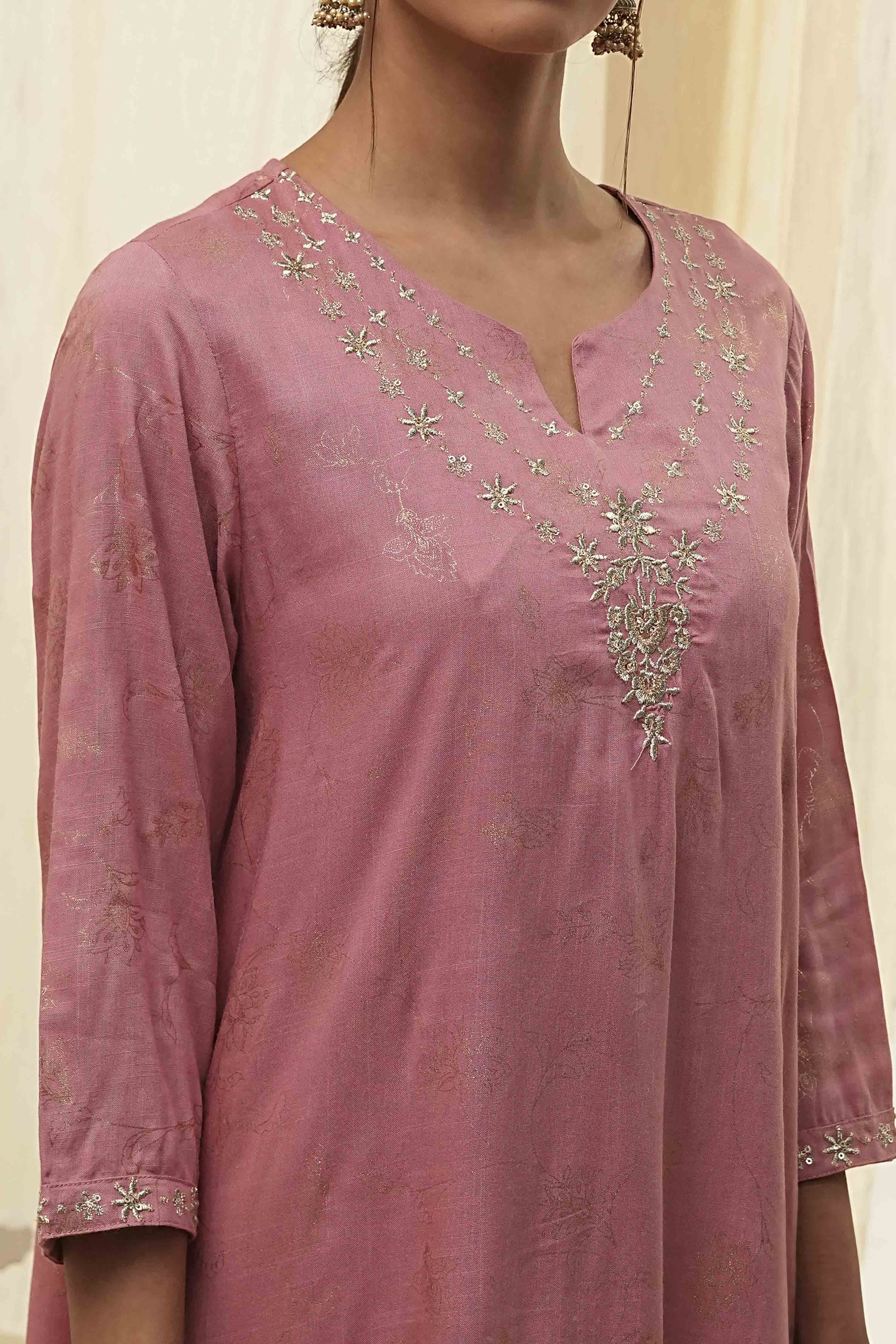 Dull Pink Printed Asymmetric Kurta image number 1