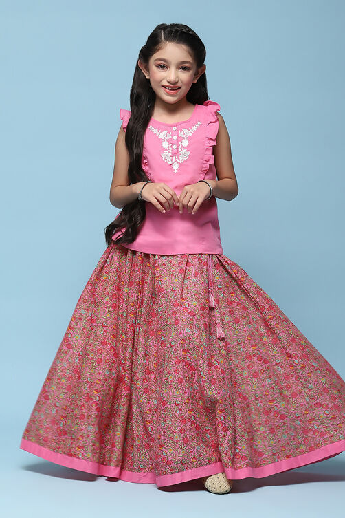 Pink Cotton Straight Printed Kurta Skirt Suit Set image number 0