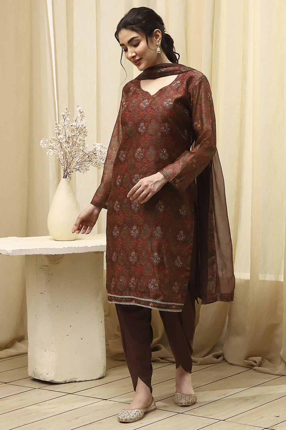 Brown Cotton Printed Embroidered Unstitched Suit Set image number 1