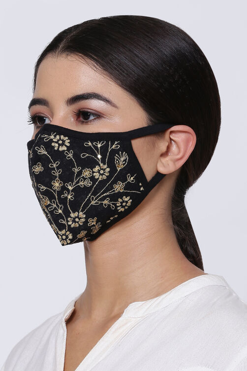 Black Cotton Embroidered Face Mask image number 2