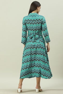 Green Turquoise Rayon A-Line Printed Dress image number 4