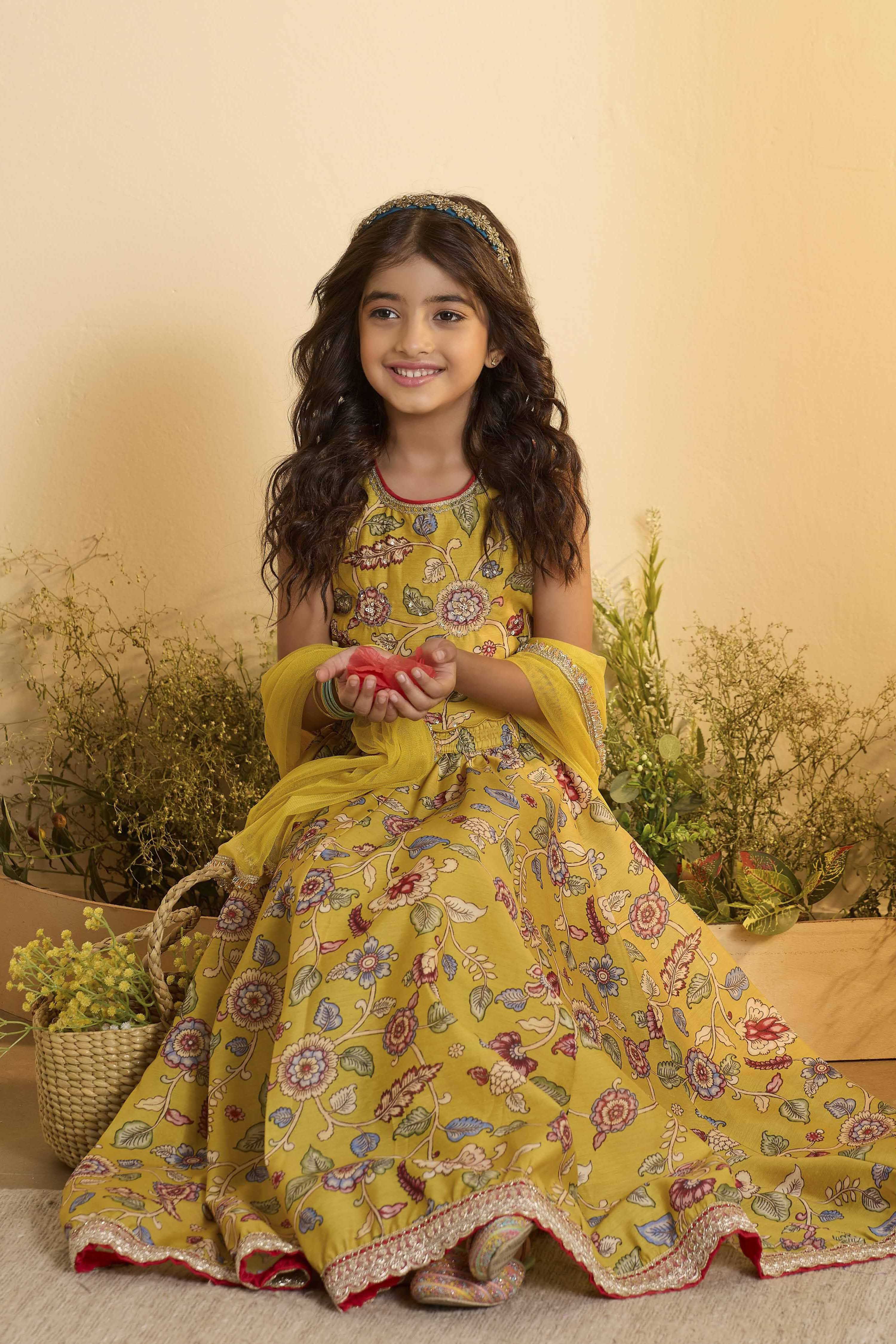 Mustard Yellow Floral Flared Lehenga Set image number 0