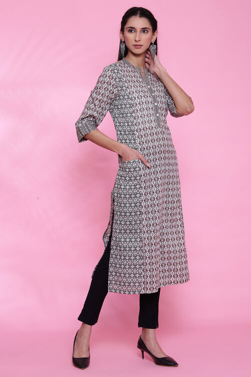 Charcoal Black Cotton Printed Kurta image number 3