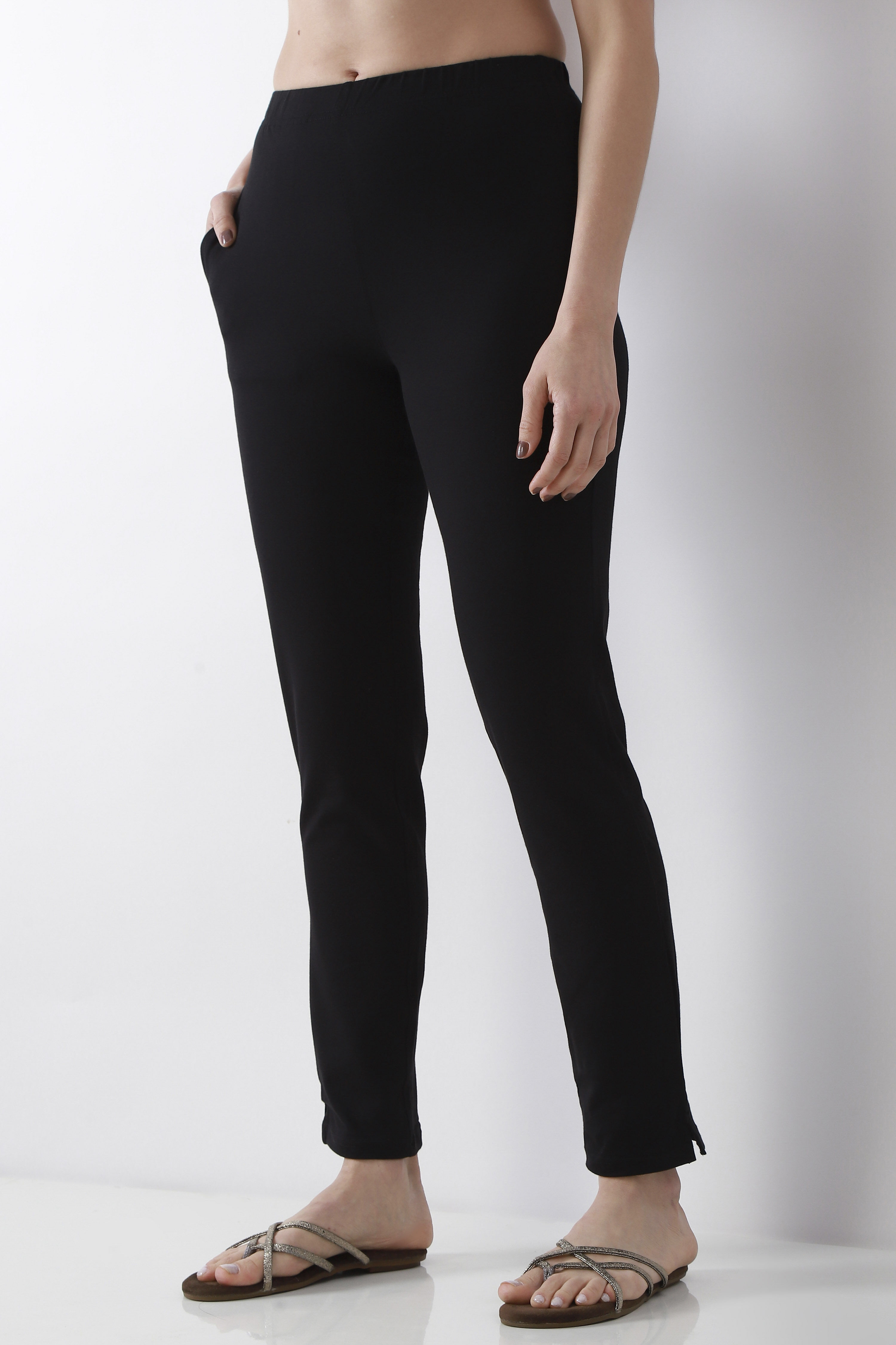 Black Solid Cotton Lycra Straight Pants image number 2