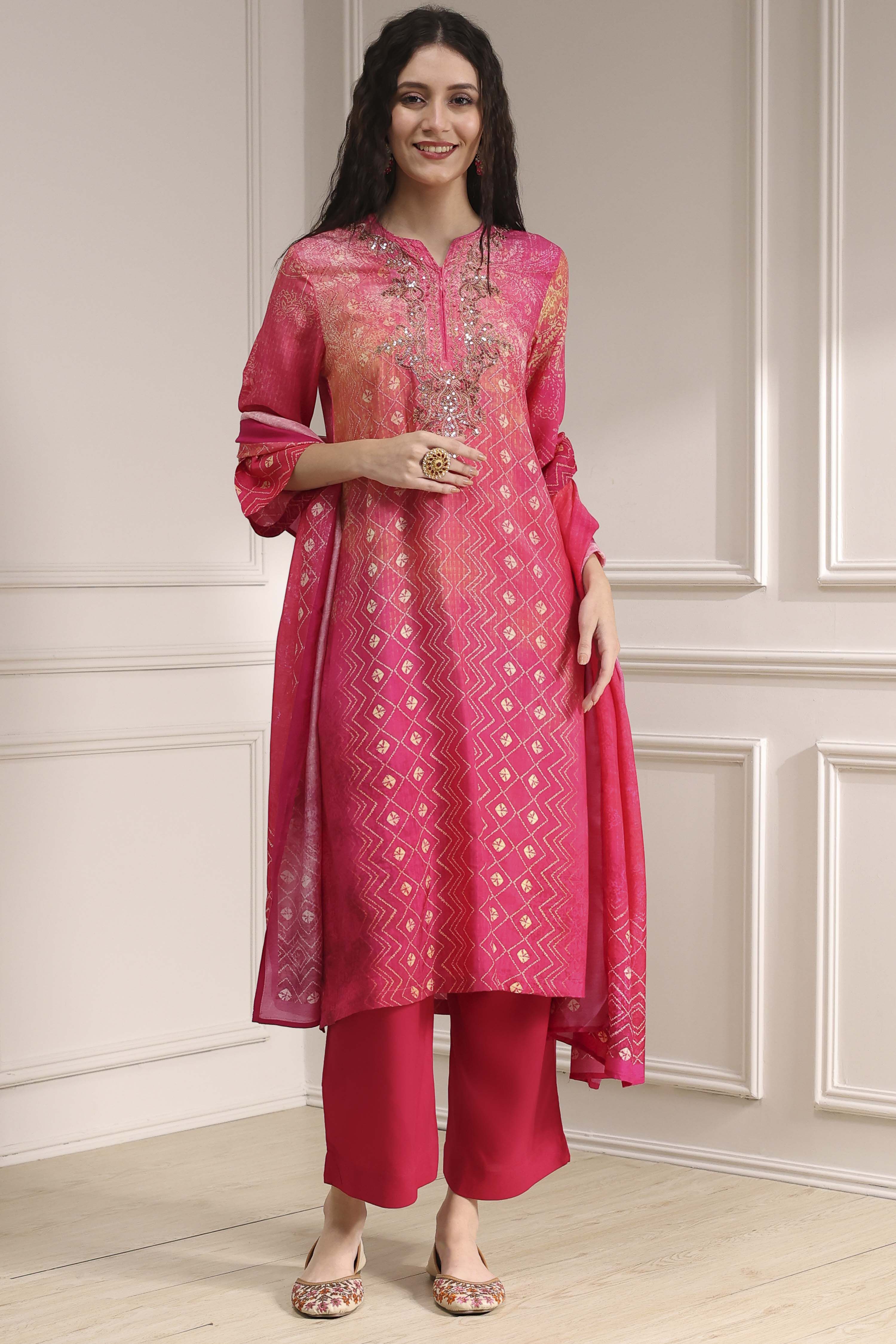 Pink Printed Straight Suit Set image number 6