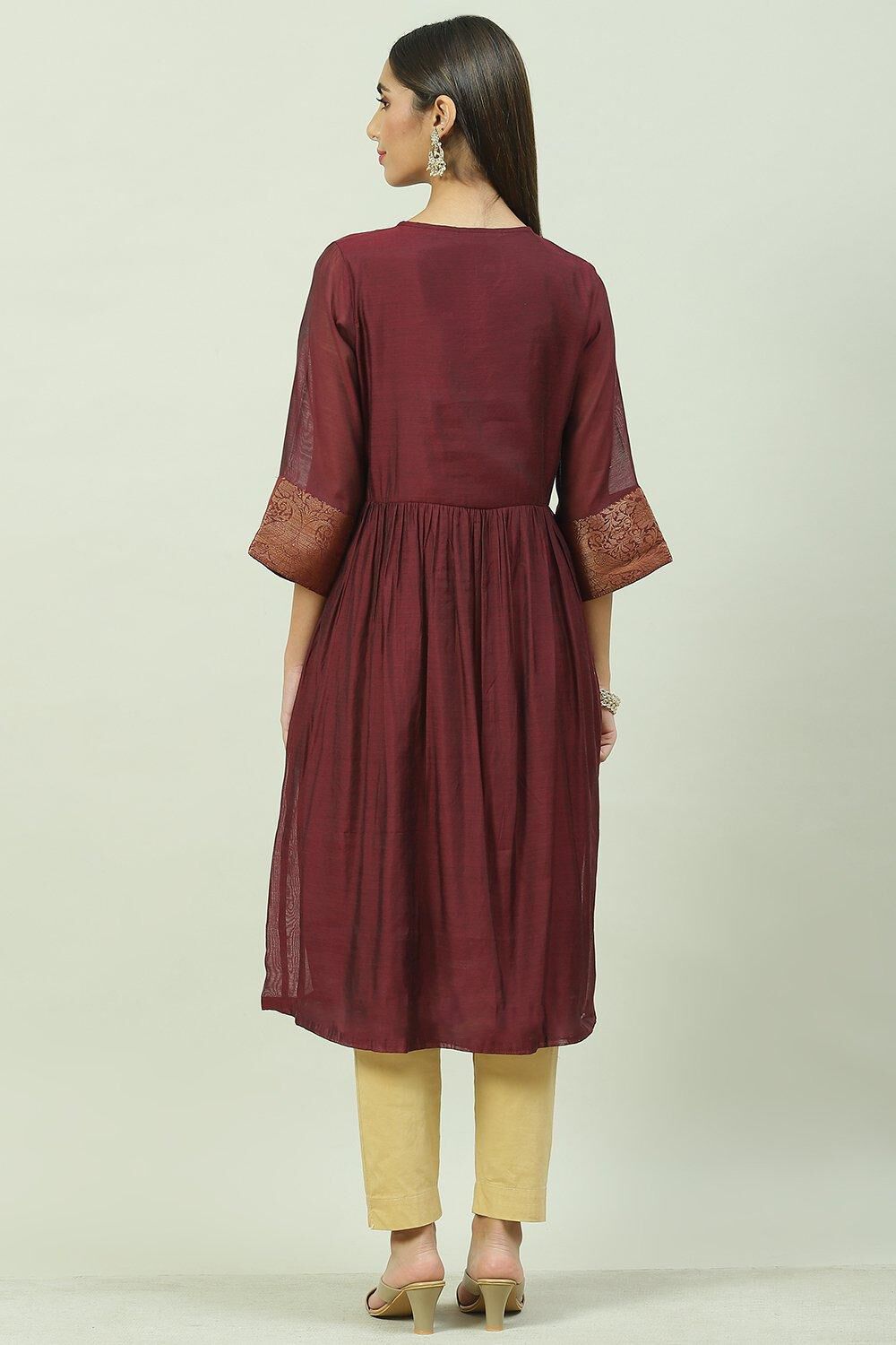Wine Art Silk A-Line Yarndyed Kurta image number 4