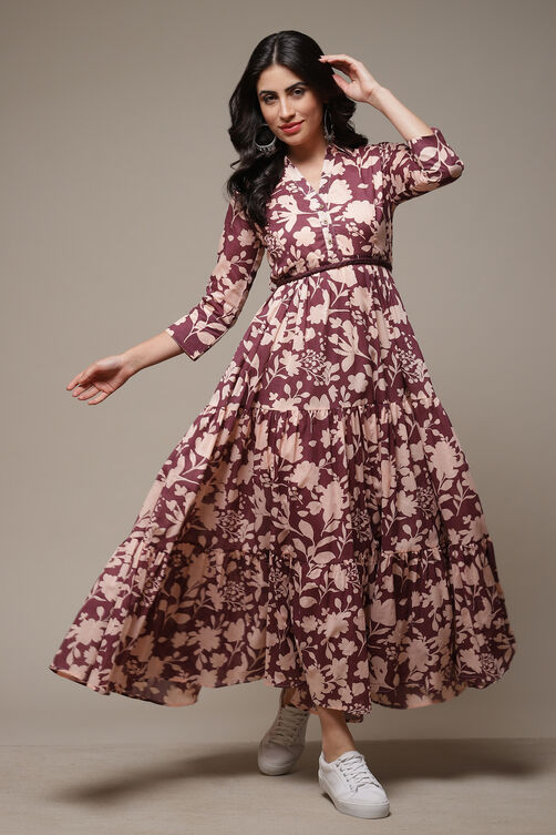 Beige Cotton Tiered Printed Dress image number 0