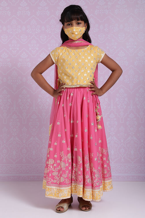 Yellow And Pink Cotton Lehenga Set image number 3