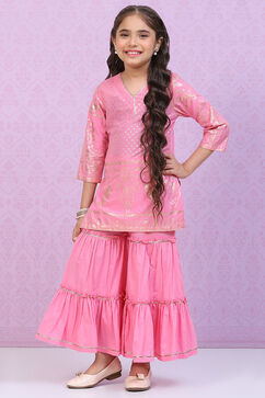 Pink Cotton A-Line Printed Kurta Set image number 0