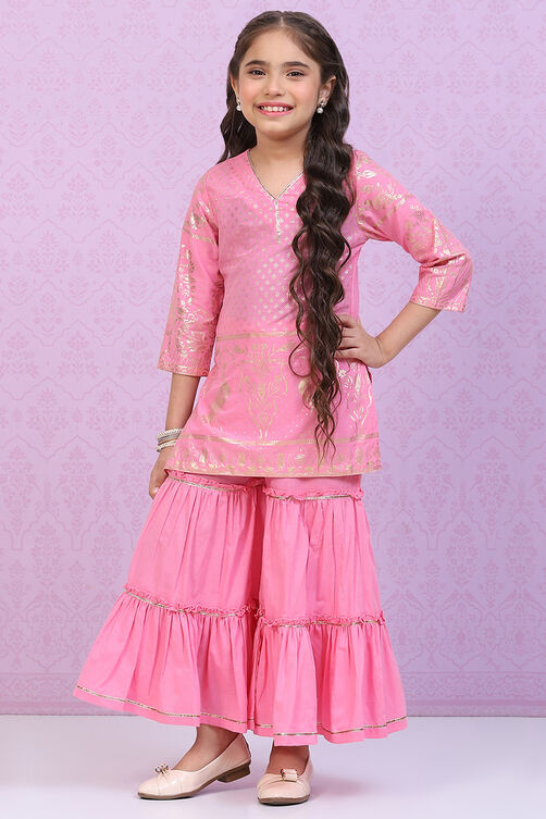 Pink Cotton A-Line Printed Kurta Set image number 0