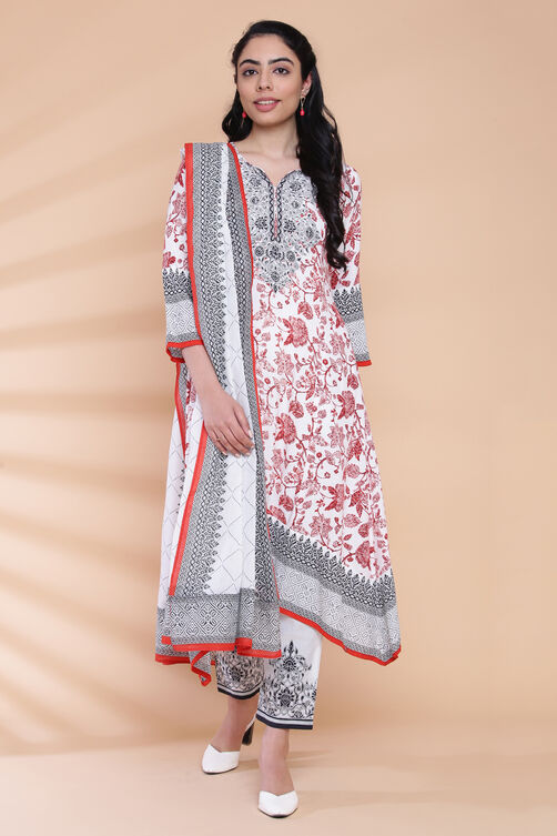 Off White Viscose Straight Kurta Pant Suit Set image number 6