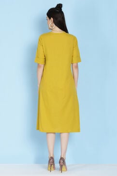 Mustard Cotton A-line Flax Solid Kurta Dress image number 3