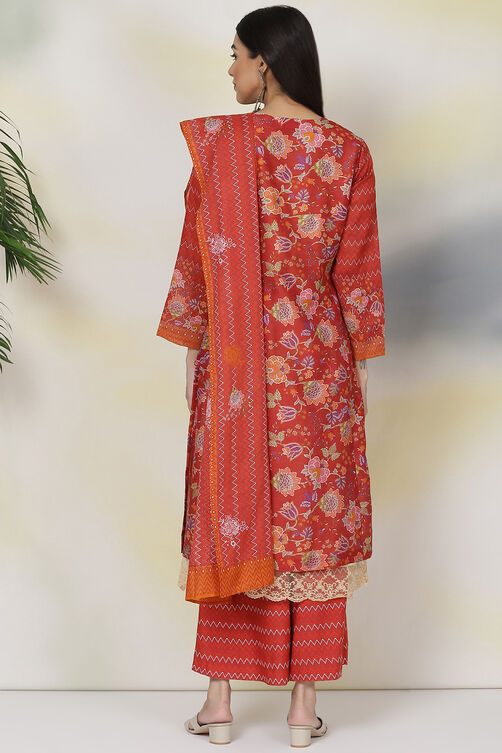 Red Cotton Silk Double Layered Kurta Flared Palazzo Suit Set image number 9
