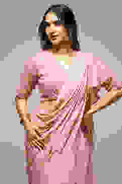 Dusty Pink Pre-Draped Nylon Saree With A Stitched Blouse image number 1