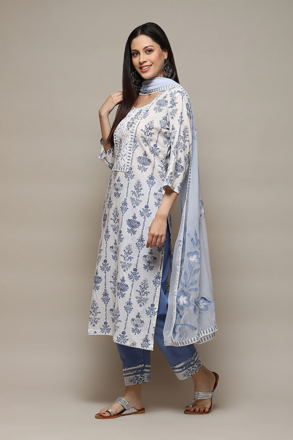 Blue Cotton Schiffly Unstitched Suit Set image number 6