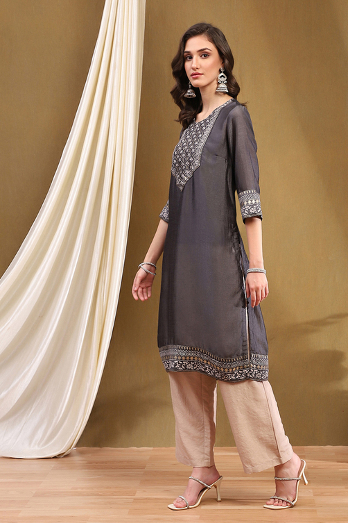 Grey Silk Yard Dyed Straight Festive Kurta image number 2