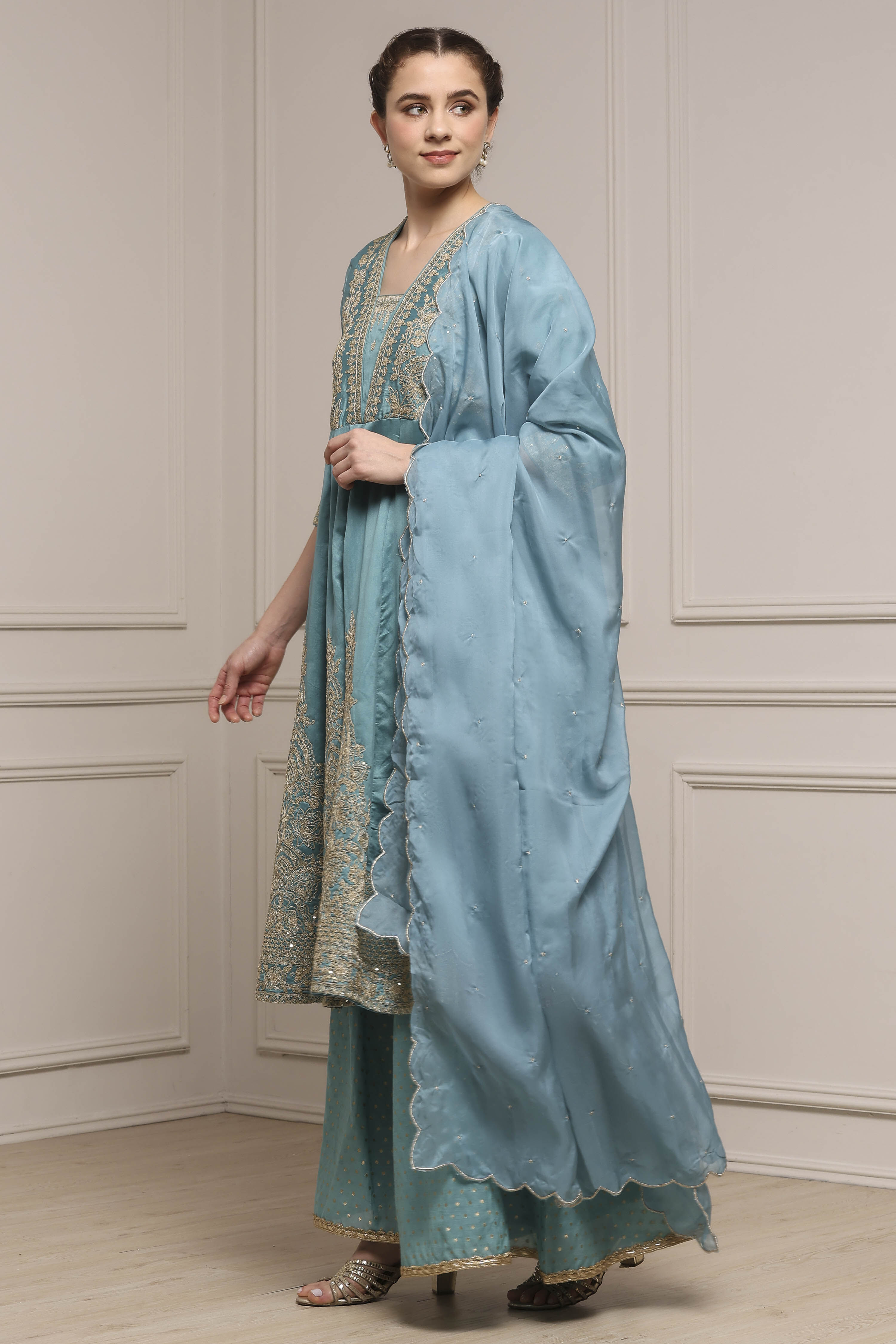 Blue Silk Chanderi Anarkali Suit Set image number 3