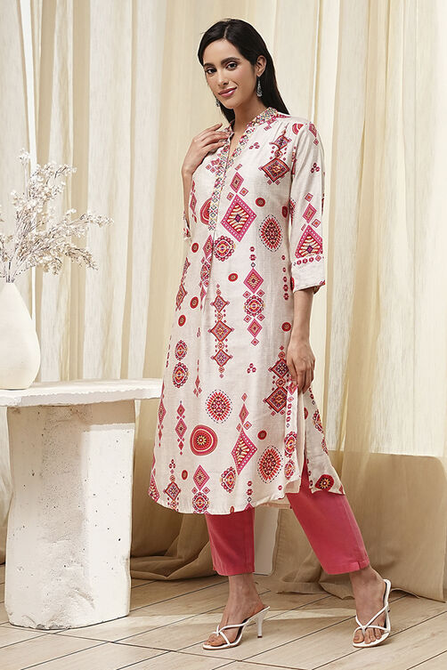 Ecru and Pink Printed Straight Kurta image number 2