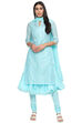 Turquoise Cotton Blend Layered Kurta Churidar Suit Set