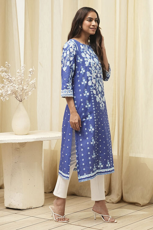 Indigo Cotton Straight Kurta image number 4