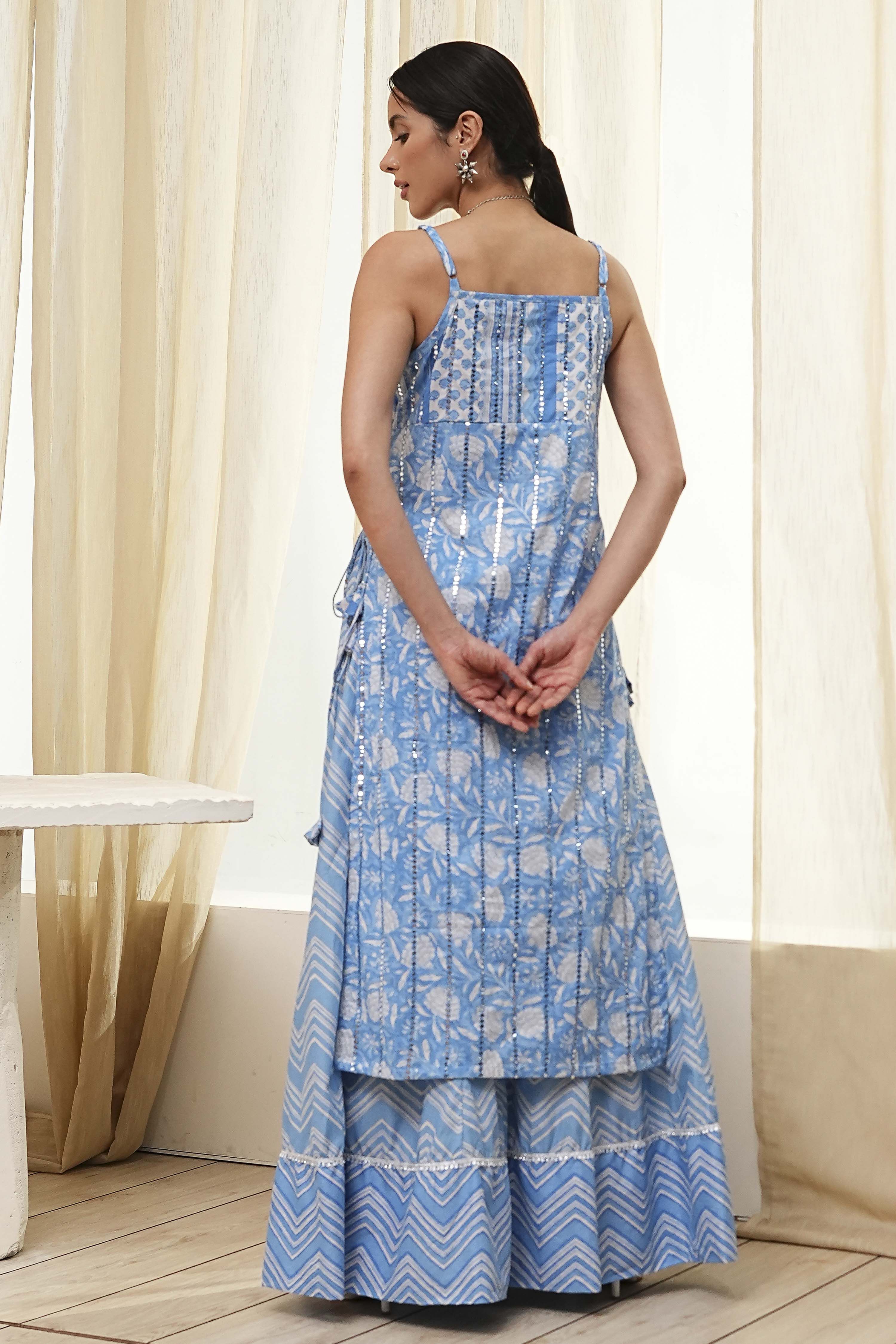 Blue Cotton Floral Strappy Straight Suit Set image number 4