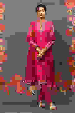 Rohit Bal Fuschia Cotton Blend Straight Kurta Suit Set image number 7