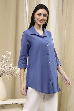 Blue Cotton Blend Straight Shirt image number 4