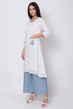 White and Blue Relaxed Kurta Palazzo Suit Set image number 3