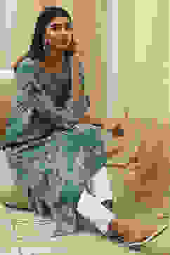 Teal Floral Printed Asymmetric Kurta image number 0