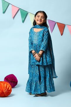 Teal Blue Cotton Flared Printed Kurta Garara Suit Set image number 7