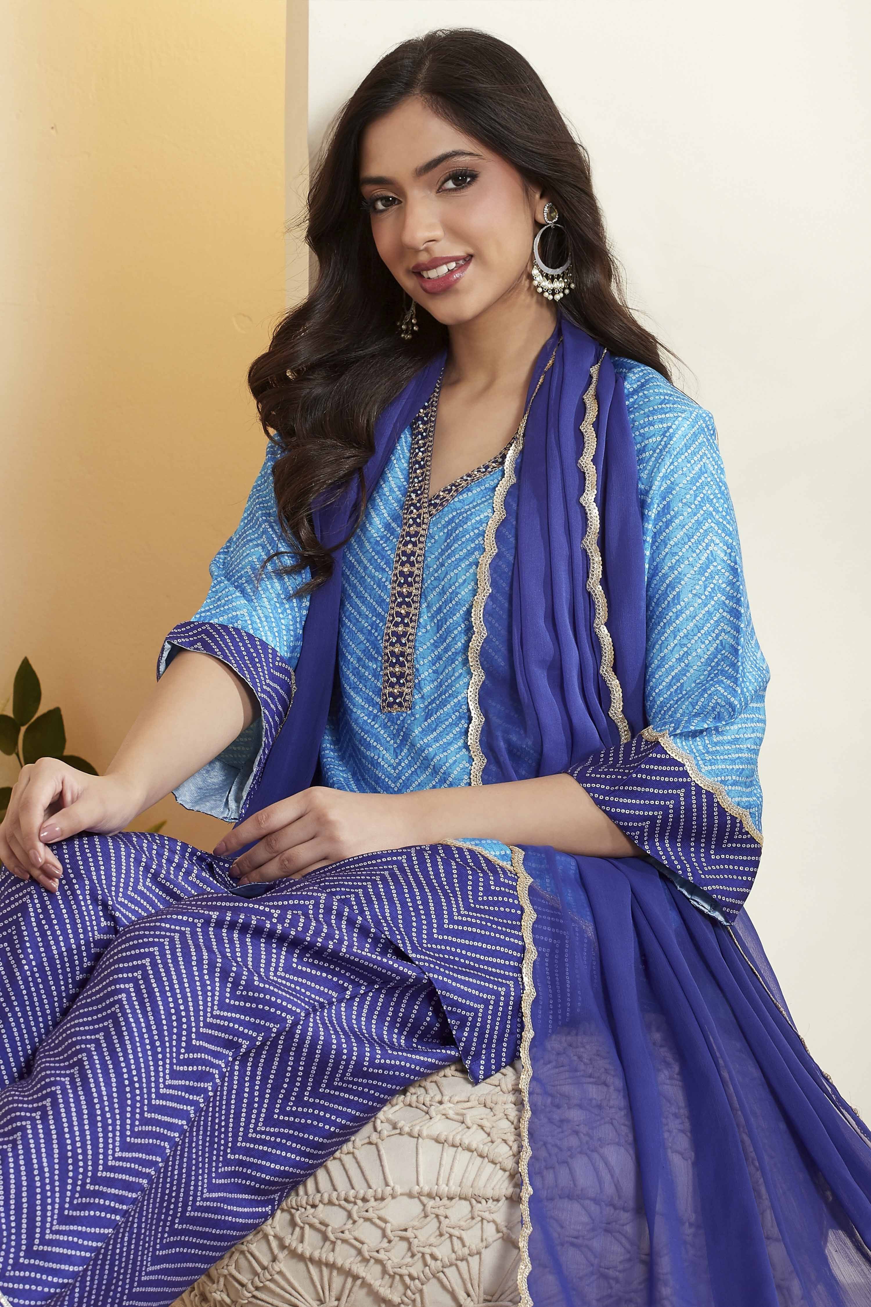 Blue Viscose Rayon Printed Suit Set image number 1