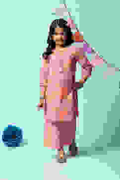 Peach Cotton Straight Printed Kurta image number 6