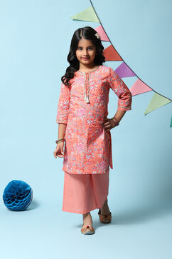 Peach Cotton Straight Printed Kurta image number 6