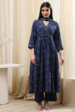 Navy Blue Printed Angrakha Style Anarkali Suit Set image number 6