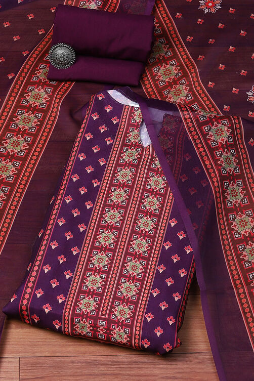 Wine Cotton Blend Digital Print Unstitched Suit Set image number 0