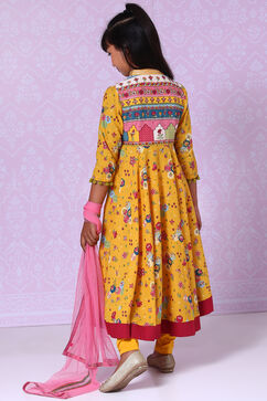 Yellow Cotton A-Line Kurta Churidar Suit Set image number 4