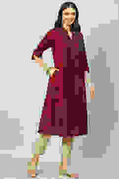 Maroon Cotton A-Line Printed Kurta image number 2