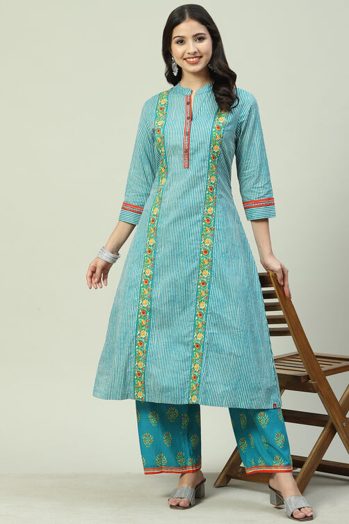 Yellow Printed Cotton A-Line Kurta Palazzo Suit Set image number 5