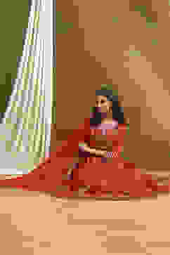 Red Floral Printed Festive Anarkali Suit Set image number 7