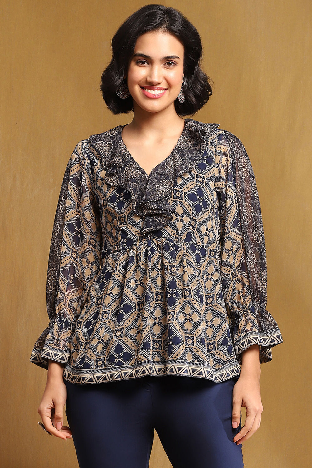 Blue Georgette Printed Gathered Indie Top image number 5