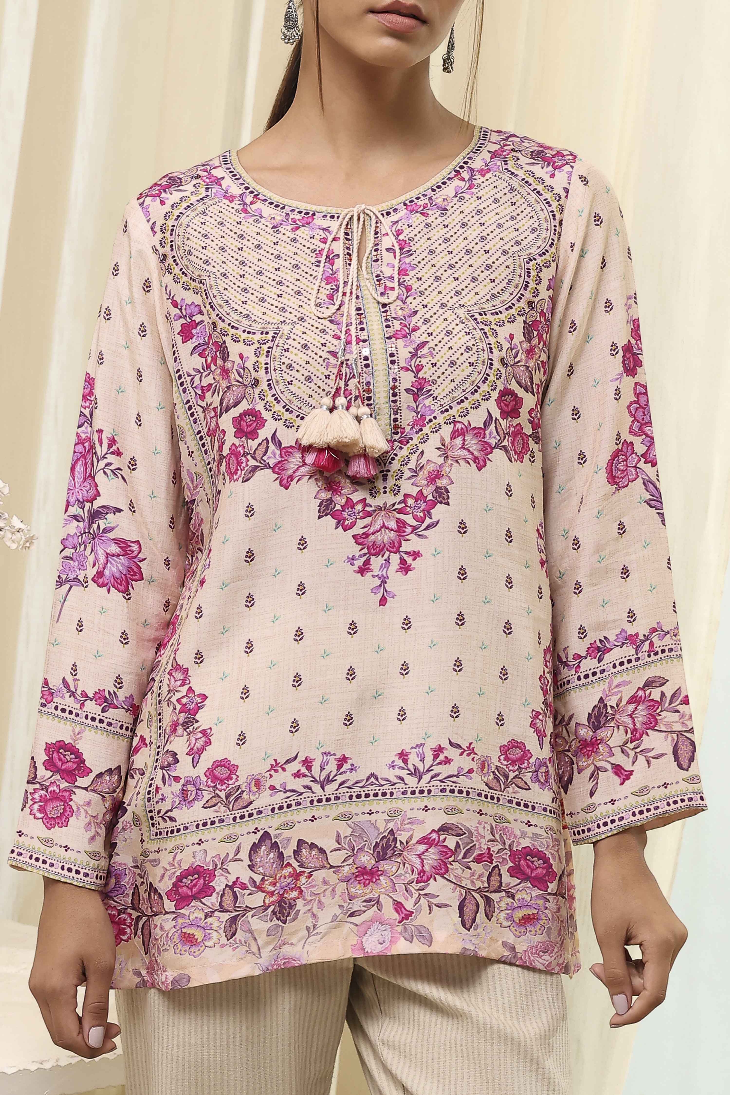 Off-White and Pink Modal Blend Straight Short Kurta image number 1