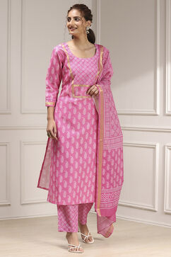 Pink Cotton Digital Print Unstitched Suit Set image number 1