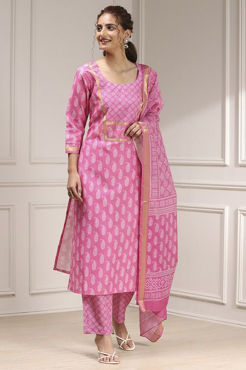 Blue Cotton Digital Print Unstitched Suit Set image number 1