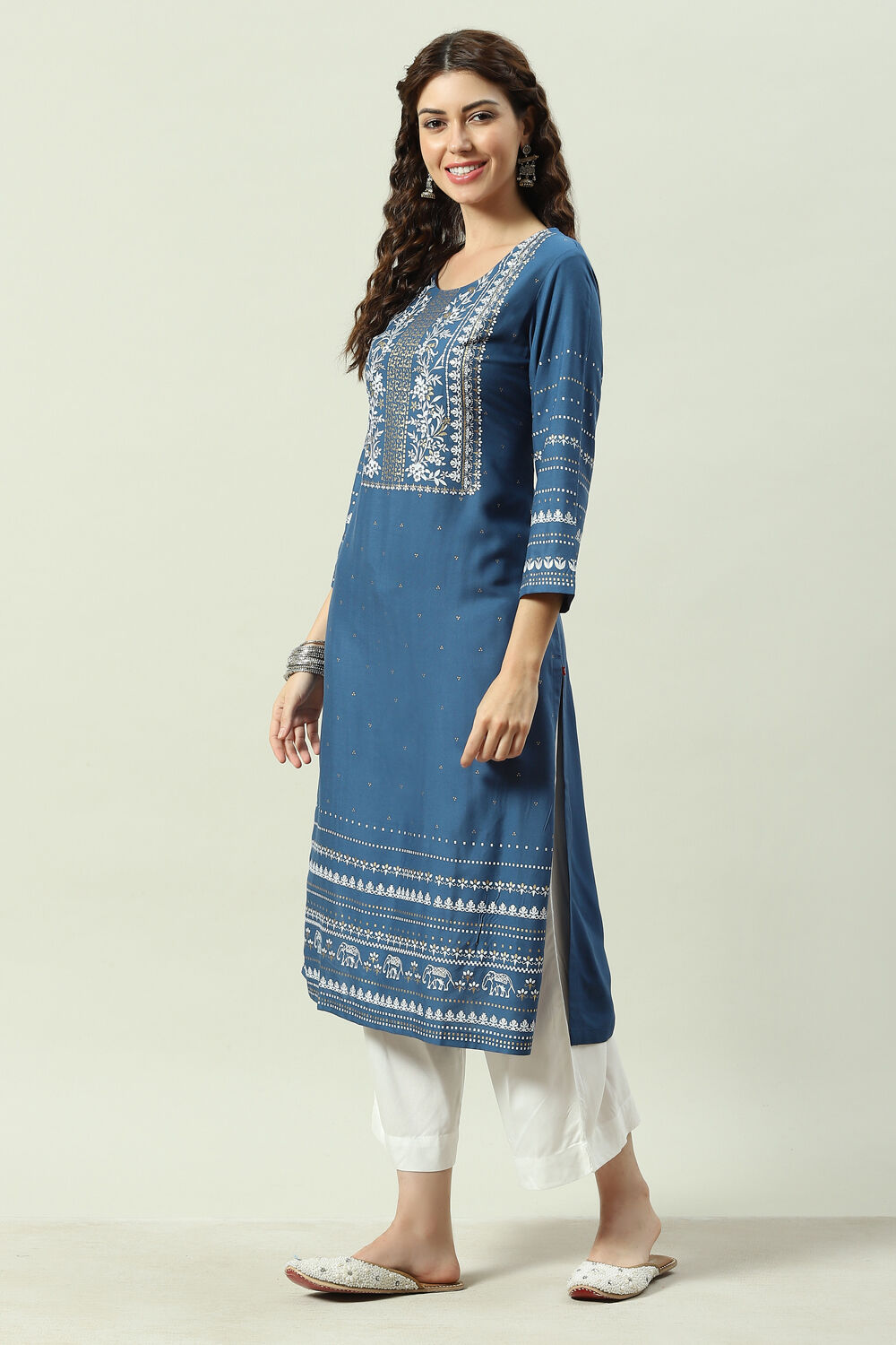 Mustard Printed Rayon Straight Kurta Palazzo Suit Set image number 3